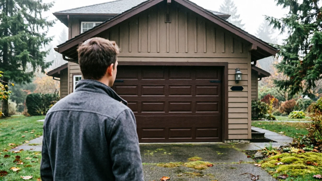 A person stands on a driveway looking at a brown garage door on a house.