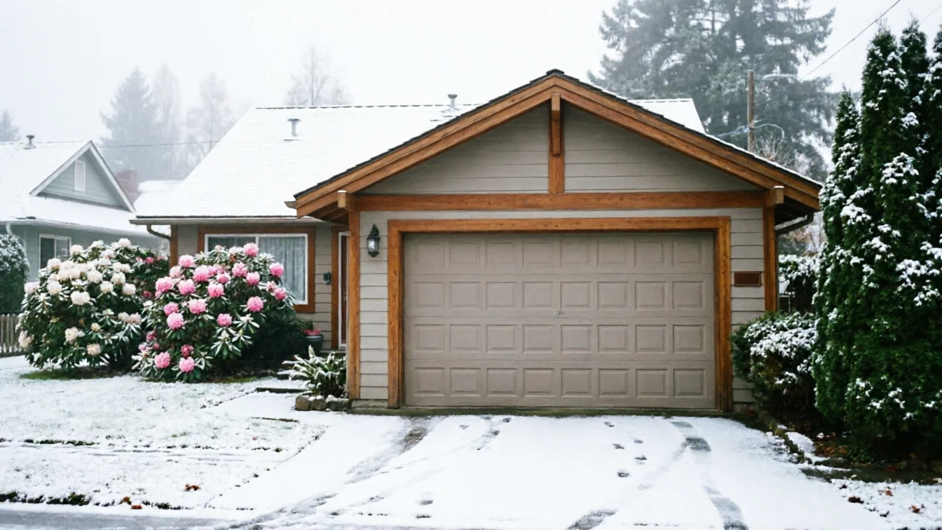 The house has a tan garage door and a snow-covered roof.