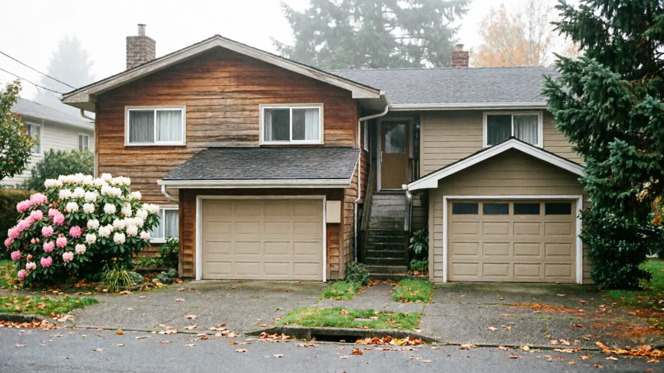 The house has two tan garage doors and brown siding.