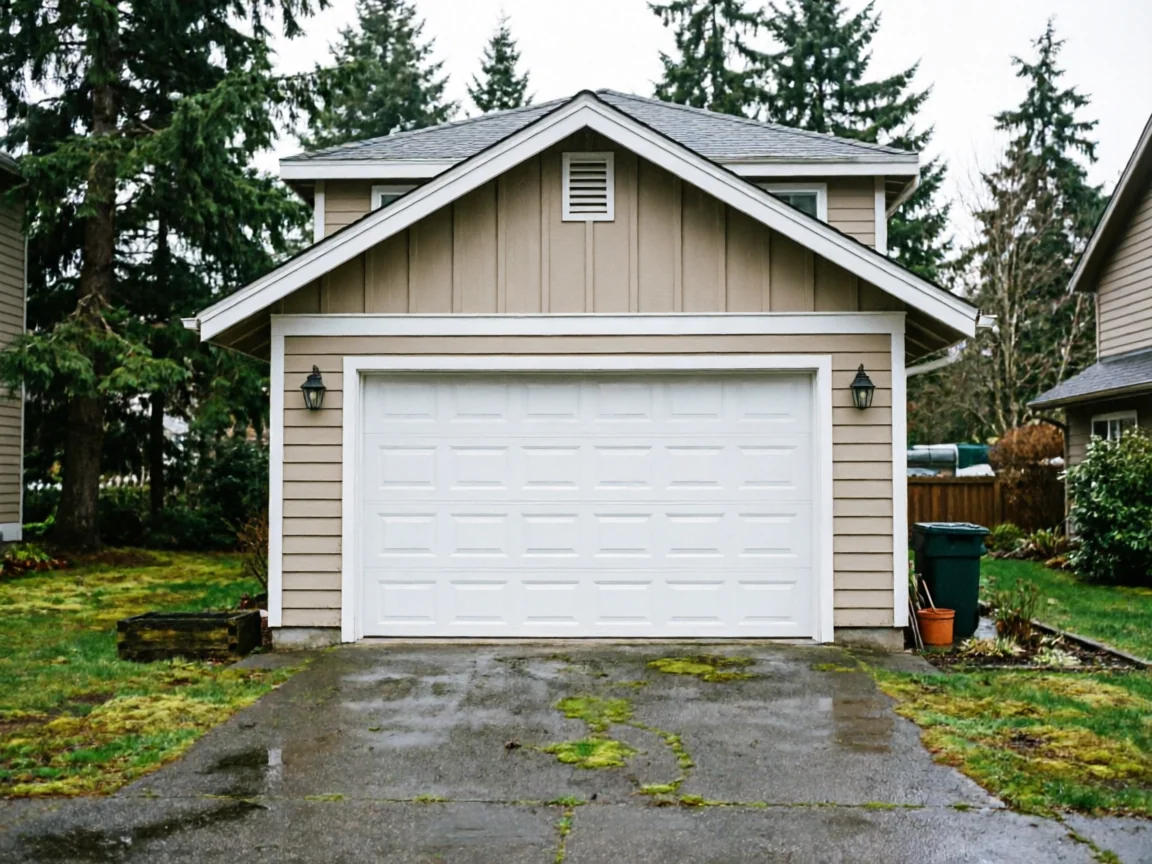 The house has a white garage door with two lights and a wet driveway.