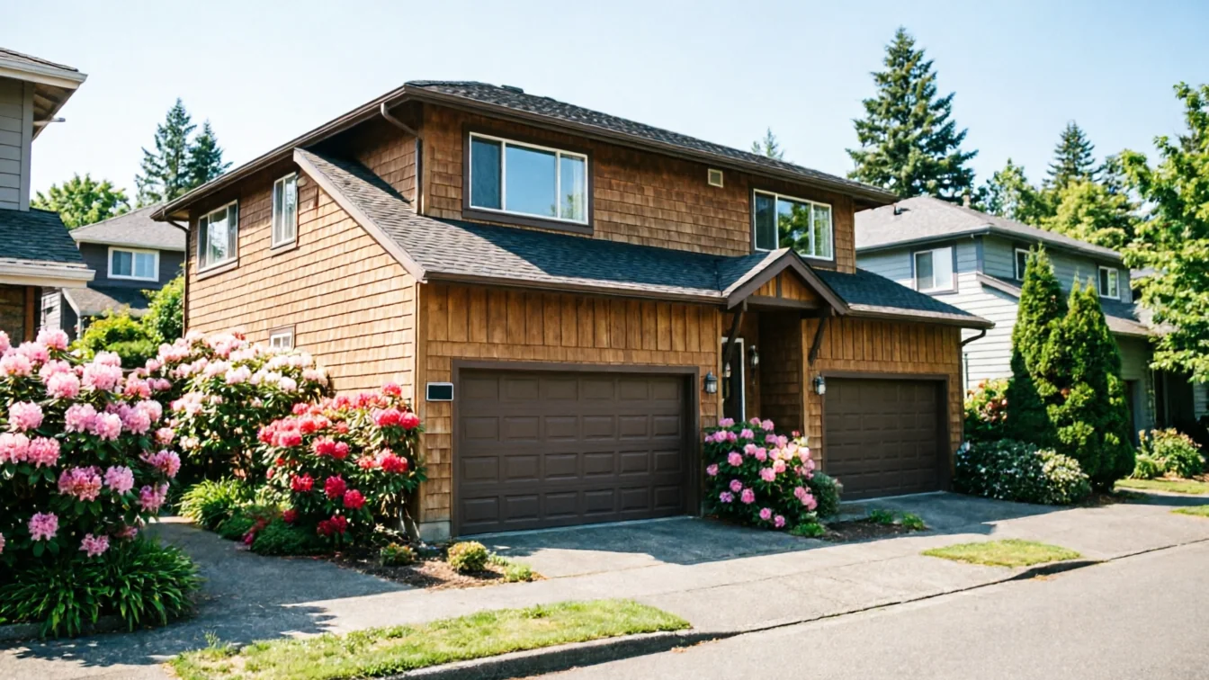 A brown house with two brown garage doors and pink flowering bushes.